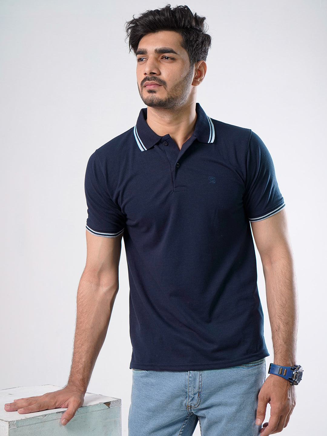 Navy Blue Plain Half Sleeves Polo T-Shirt (POLO-473)