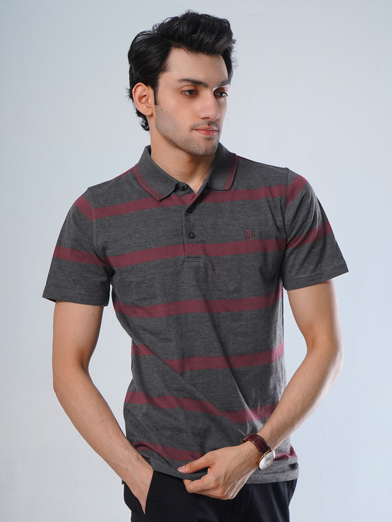 Dark Grey & Maroon Contrast Tipping Collar Half Sleeves Striped Polo T-Shirt (POLO-502)