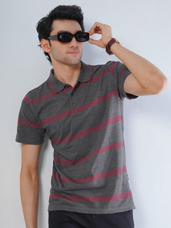 Dark Grey & Maroon Contrast Tipping Collar Half Sleeves Striped Polo T-Shirt (POLO-502)