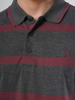 Dark Grey & Maroon Contrast Tipping Collar Half Sleeves Striped Polo T-Shirt (POLO-502)