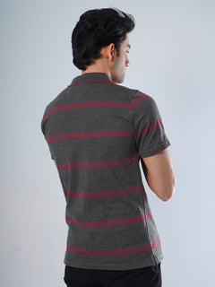 Dark Grey & Maroon Contrast Tipping Collar Half Sleeves Striped Polo T-Shirt (POLO-502)