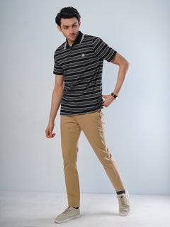 White and Black Contrast Tipping Collar Half Sleeves Striped Polo T-Shirt (POLO-503)