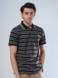 White and Black Contrast Tipping Collar Half Sleeves Striped Polo T-Shirt (POLO-503)