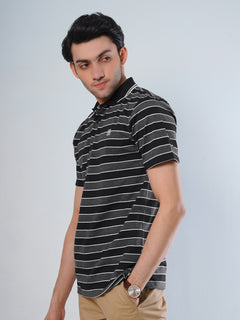 White and Black Contrast Tipping Collar Half Sleeves Striped Polo T-Shirt (POLO-503)