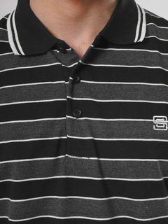 White and Black Contrast Tipping Collar Half Sleeves Striped Polo T-Shirt (POLO-503)