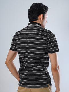 White and Black Contrast Tipping Collar Half Sleeves Striped Polo T-Shirt (POLO-503)