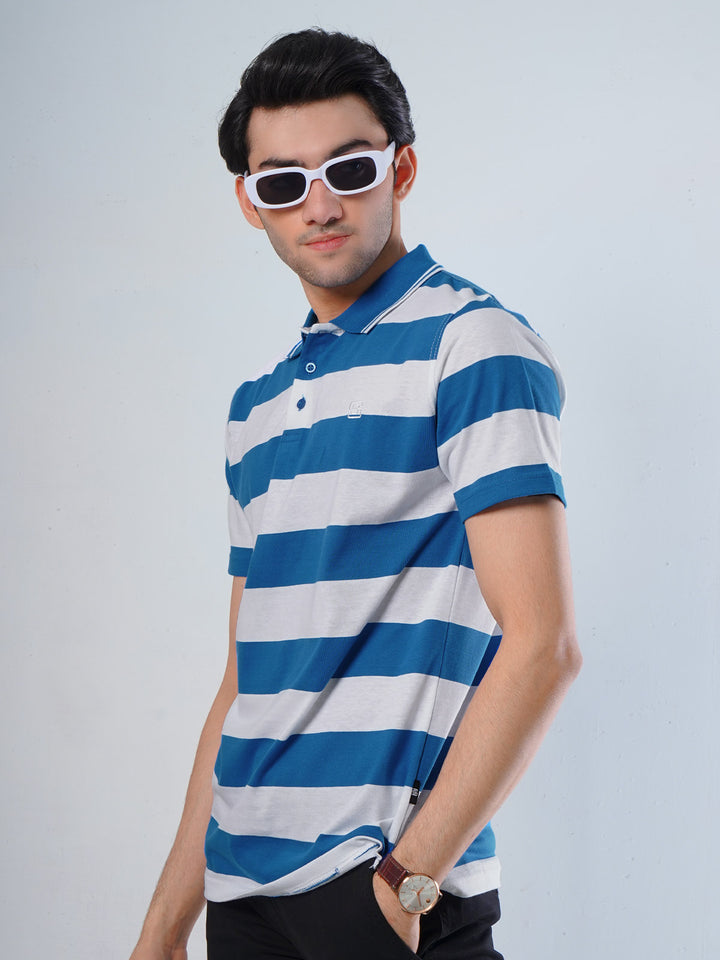 Royal Blue & White Contrast Tipping Collar Half Sleeves Striped Polo T-Shirt (POLO-504)