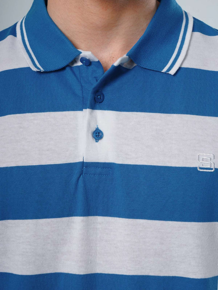 Royal Blue & White Contrast Tipping Collar Half Sleeves Striped Polo T-Shirt (POLO-504)