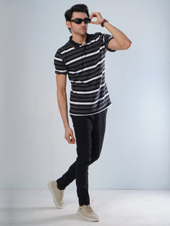 White & Charcoal Grey Contrast Tipping Collar Half Sleeves Striped Polo T-Shirt (POLO-505)