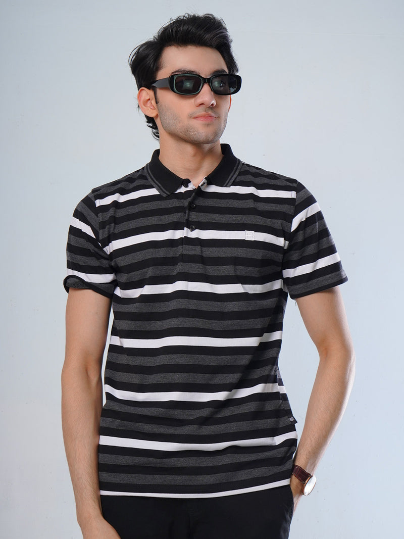 White & Charcoal Grey Contrast Tipping Collar Half Sleeves Striped Polo T-Shirt (POLO-505)