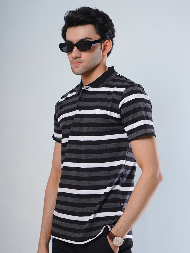 White & Charcoal Grey Contrast Tipping Collar Half Sleeves Striped Polo T-Shirt (POLO-505)