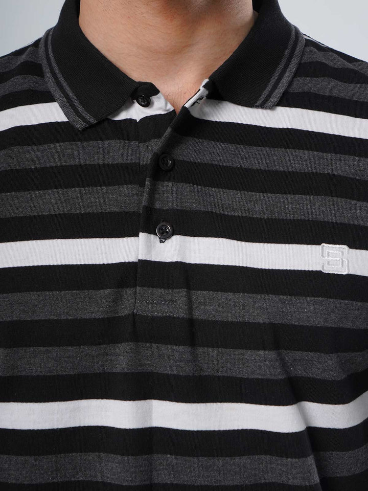 White & Charcoal Grey Contrast Tipping Collar Half Sleeves Striped Polo T-Shirt (POLO-505)