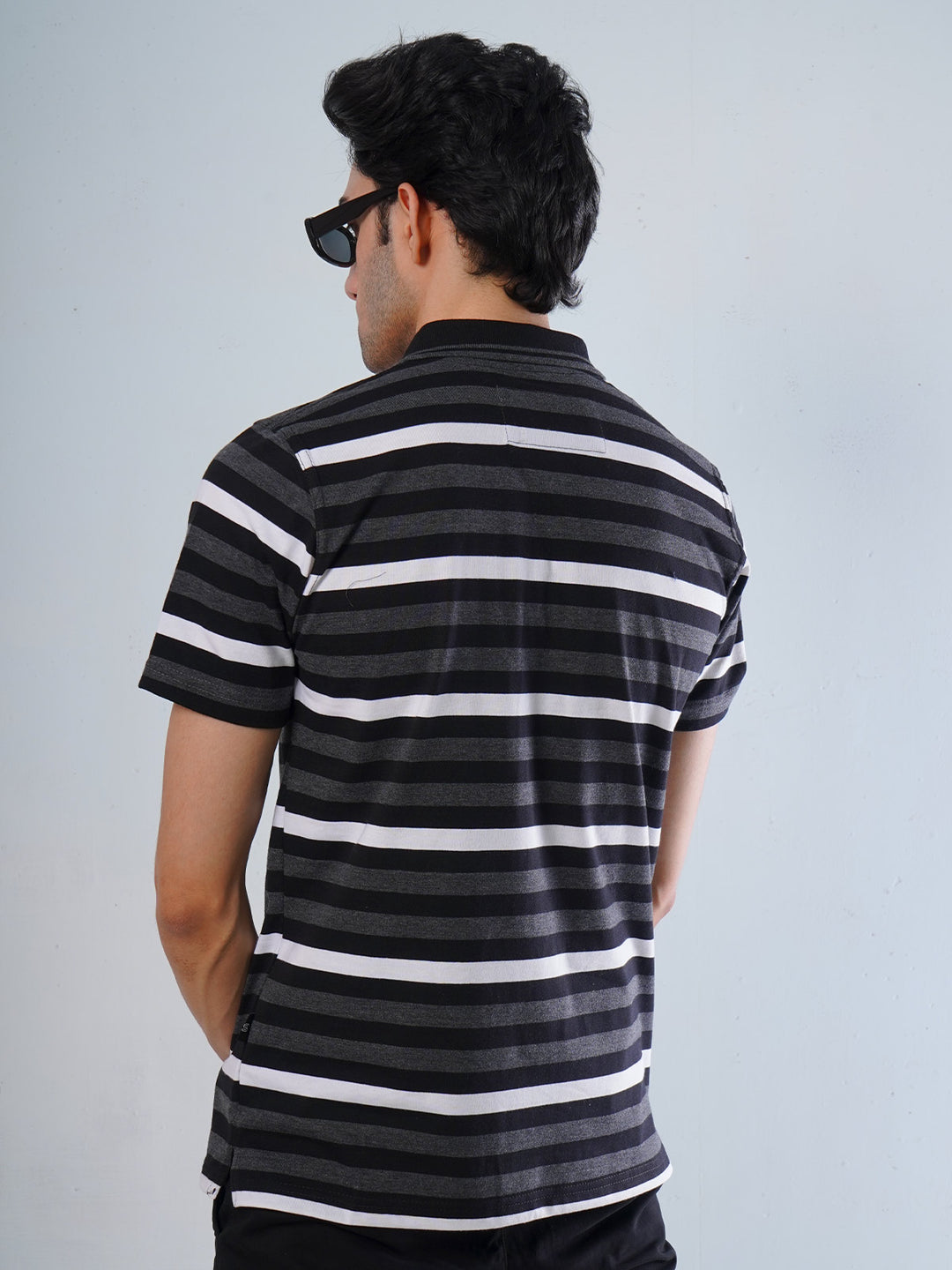 White & Charcoal Grey Contrast Tipping Collar Half Sleeves Striped Polo T-Shirt (POLO-505)