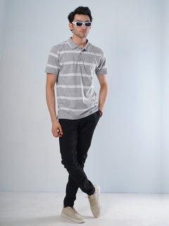 Ash Grey & White Contrast Tipping Collar Half Sleeves Striped Polo T-Shirt (POLO-506)