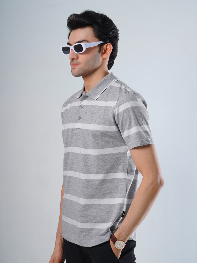 Ash Grey & White Contrast Tipping Collar Half Sleeves Striped Polo T-Shirt (POLO-506)