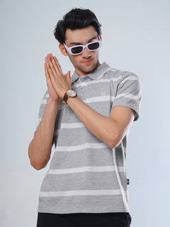 Ash Grey & White Contrast Tipping Collar Half Sleeves Striped Polo T-Shirt (POLO-506)