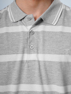 Ash Grey & White Contrast Tipping Collar Half Sleeves Striped Polo T-Shirt (POLO-506)