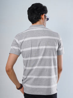 Ash Grey & White Contrast Tipping Collar Half Sleeves Striped Polo T-Shirt (POLO-506)