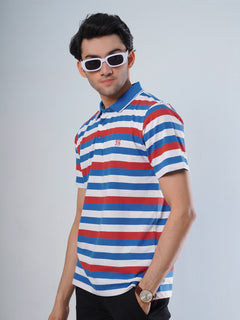 Royal Blue Contrast Tipping Collar Half Sleeves Striped Polo T-Shirt (POLO-507)