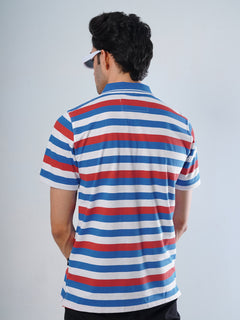 Royal Blue Contrast Tipping Collar Half Sleeves Striped Polo T-Shirt (POLO-507)