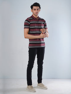 Maroon Contrast Tipping Collar Half Sleeves Multi Color Striped Polo T-Shirt (POLO-508)