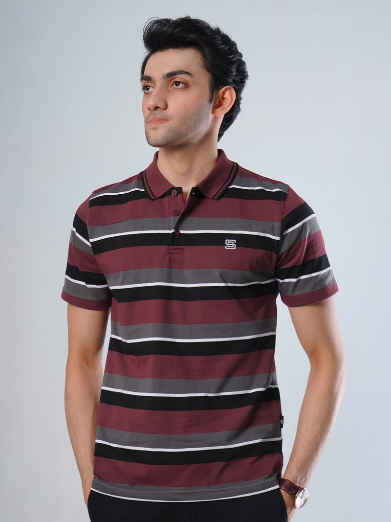 Maroon Contrast Tipping Collar Half Sleeves Multi Color Striped Polo T-Shirt (POLO-508)