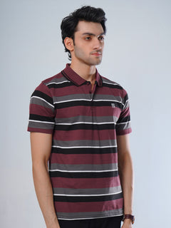 Maroon Contrast Tipping Collar Half Sleeves Multi Color Striped Polo T-Shirt (POLO-508)