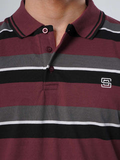 Maroon Contrast Tipping Collar Half Sleeves Multi Color Striped Polo T-Shirt (POLO-508)