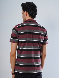 Maroon Contrast Tipping Collar Half Sleeves Multi Color Striped Polo T-Shirt (POLO-508)