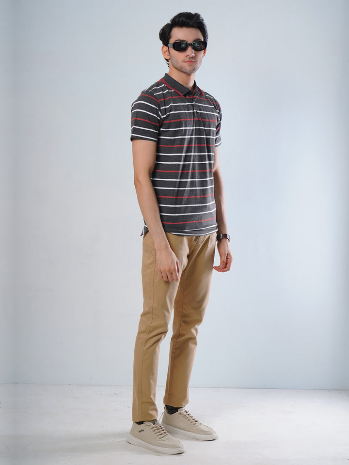 Grey Contrast Tipping Collar Half Sleeves Multi Color Striped Polo T-Shirt (POLO-509)