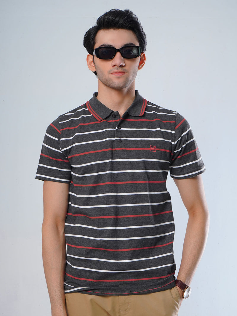 Grey Contrast Tipping Collar Half Sleeves Multi Color Striped Polo T-Shirt (POLO-509)