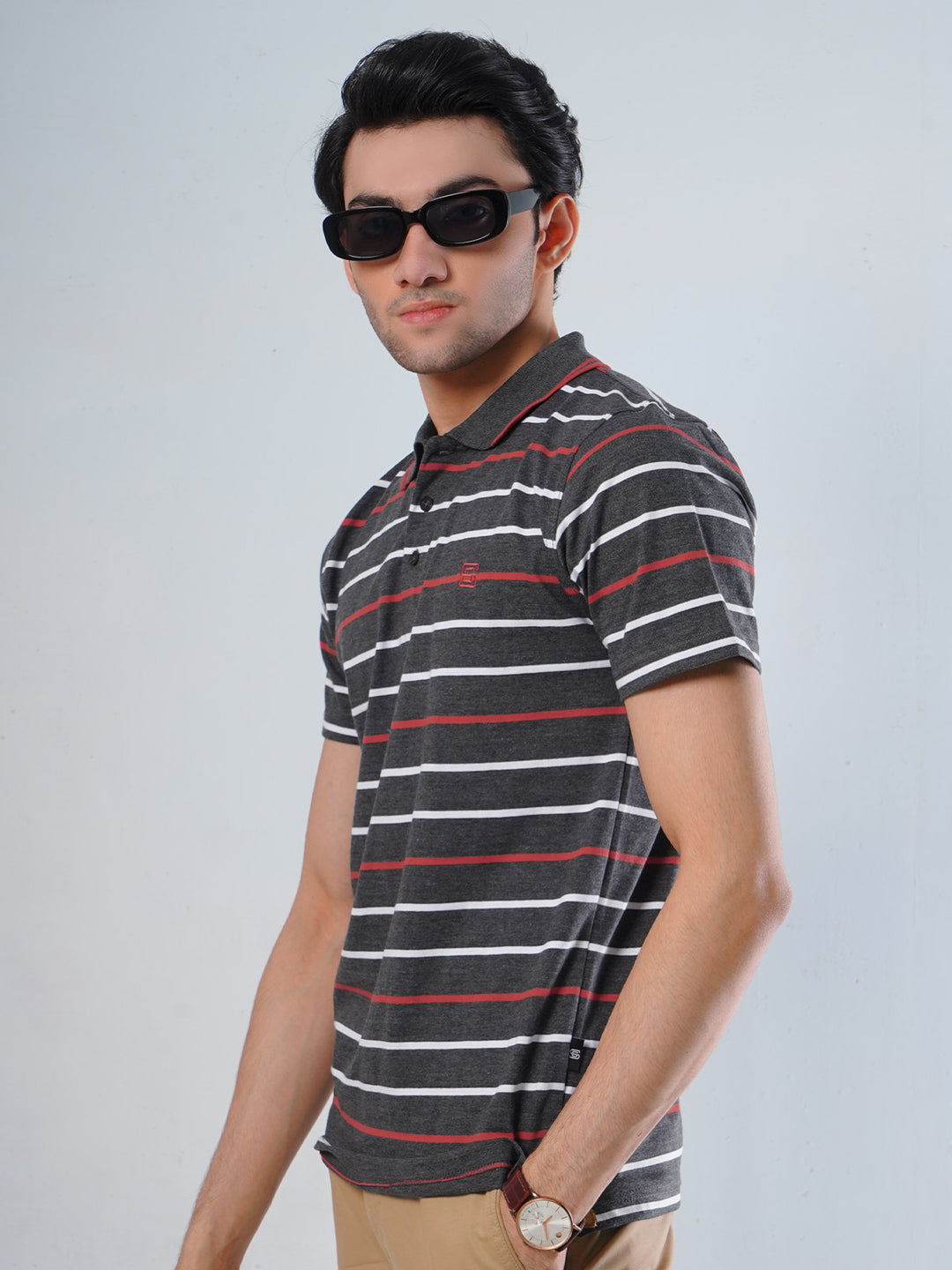 Grey Contrast Tipping Collar Half Sleeves Multi Color Striped Polo T-Shirt (POLO-509)