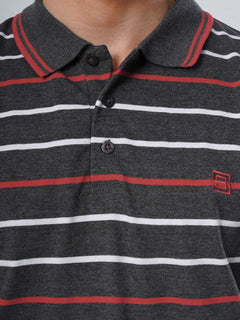 Grey Contrast Tipping Collar Half Sleeves Multi Color Striped Polo T-Shirt (POLO-509)