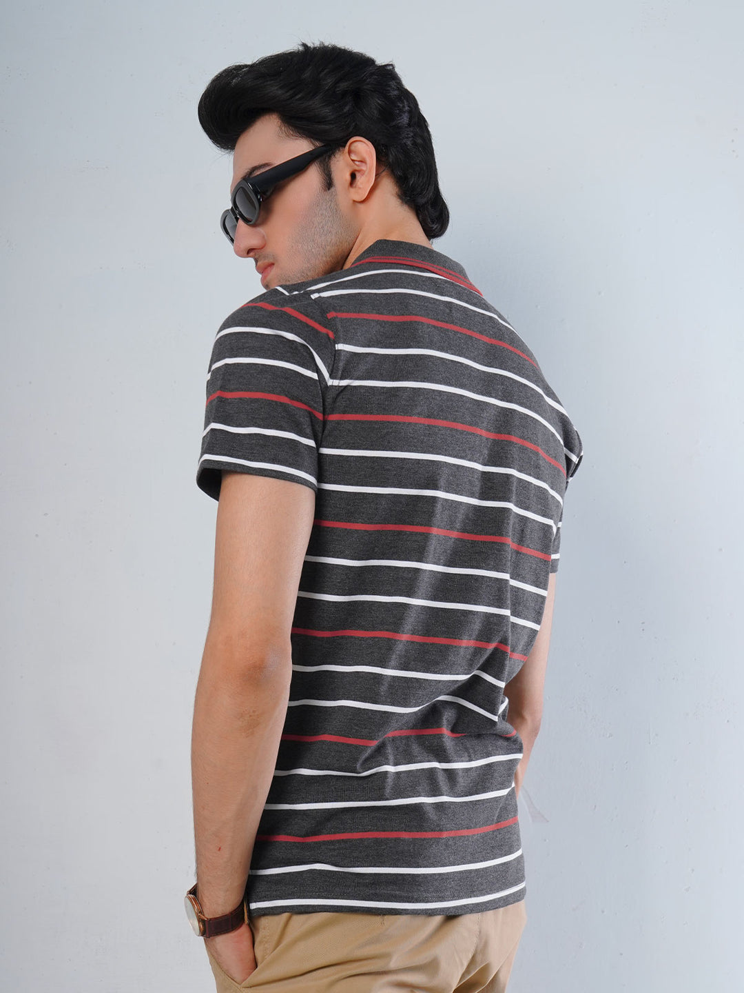 Grey Contrast Tipping Collar Half Sleeves Multi Color Striped Polo T-Shirt (POLO-509)