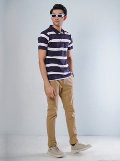 Navy Blue Contrast Tipping Collar Multi Color Half Sleeves Striped Polo T-Shirt (POLO-510)