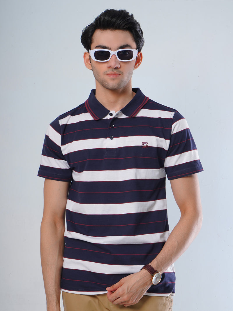 Navy Blue Contrast Tipping Collar Multi Color Half Sleeves Striped Polo T-Shirt (POLO-510)