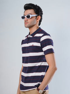 Navy Blue Contrast Tipping Collar Multi Color Half Sleeves Striped Polo T-Shirt (POLO-510)