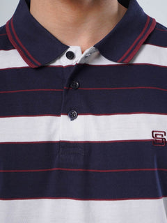 Navy Blue Contrast Tipping Collar Multi Color Half Sleeves Striped Polo T-Shirt (POLO-510)