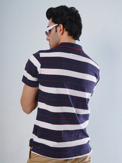 Navy Blue Contrast Tipping Collar Multi Color Half Sleeves Striped Polo T-Shirt (POLO-510)