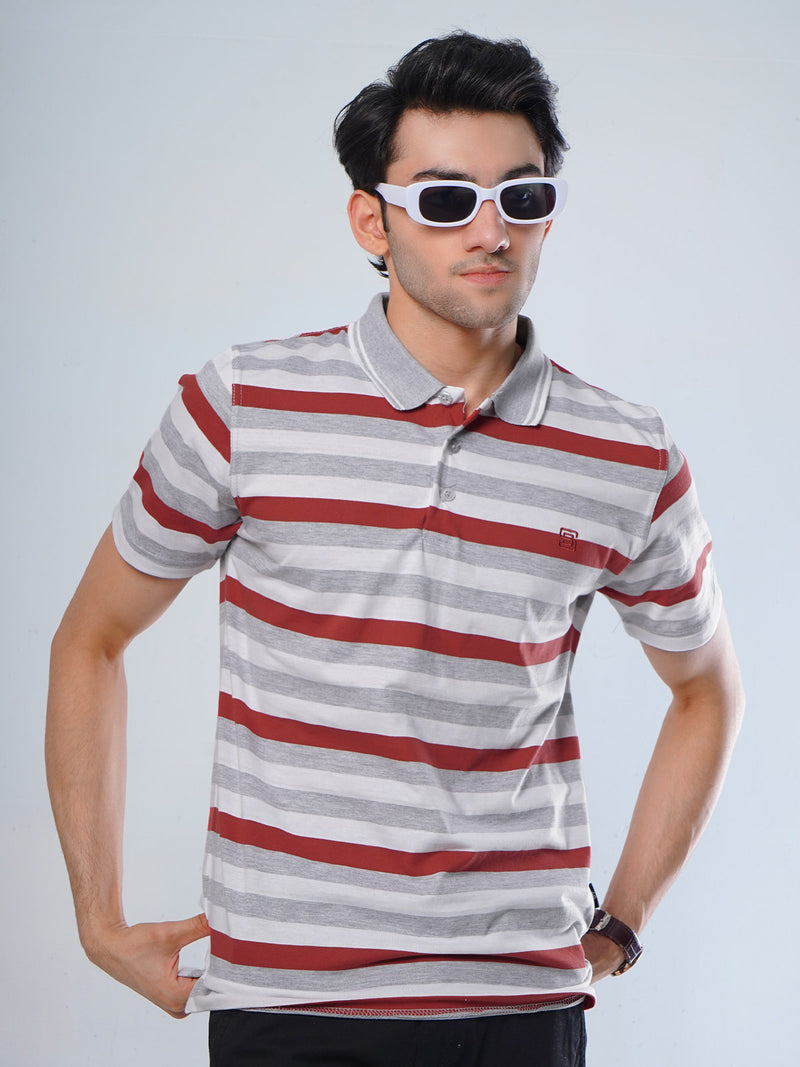 Red & Light Grey Contrast Tipping Collar Half Sleeves Striped Polo T-Shirt (POLO-511)