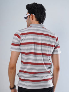 Red & Light Grey Contrast Tipping Collar Half Sleeves Striped Polo T-Shirt (POLO-511)
