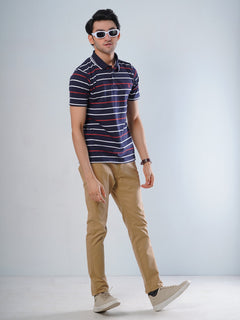 Navy Blue Contrast Tipping Collar Multi Color Half Sleeves Striped Polo T-Shirt (POLO-513)