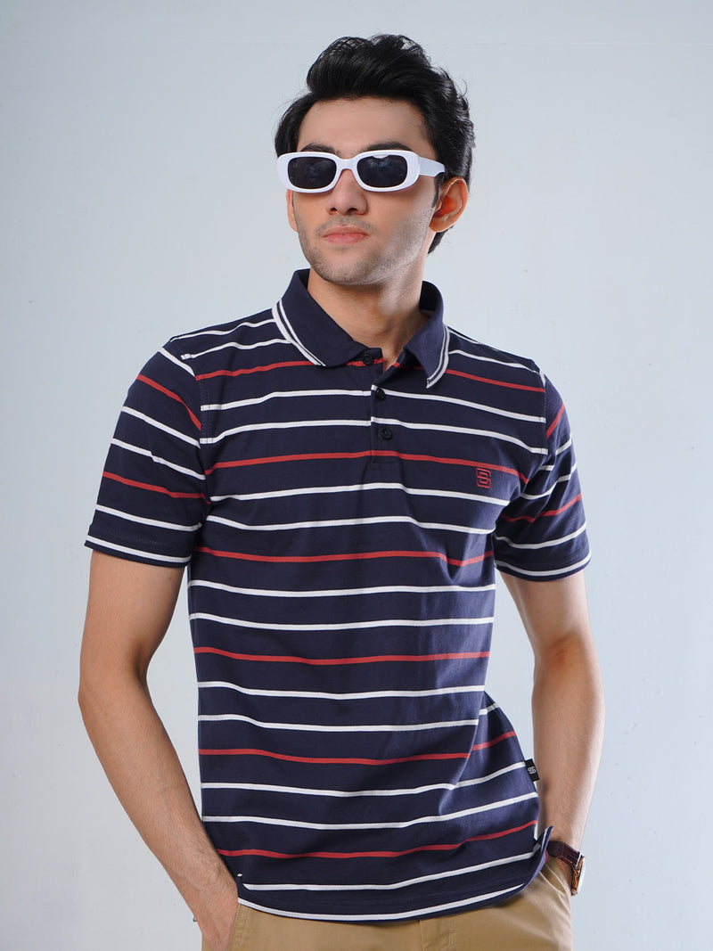 Navy Blue Contrast Tipping Collar Multi Color Half Sleeves Striped Polo T-Shirt (POLO-513)