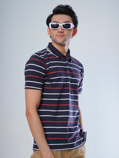 Navy Blue Contrast Tipping Collar Multi Color Half Sleeves Striped Polo T-Shirt (POLO-513)