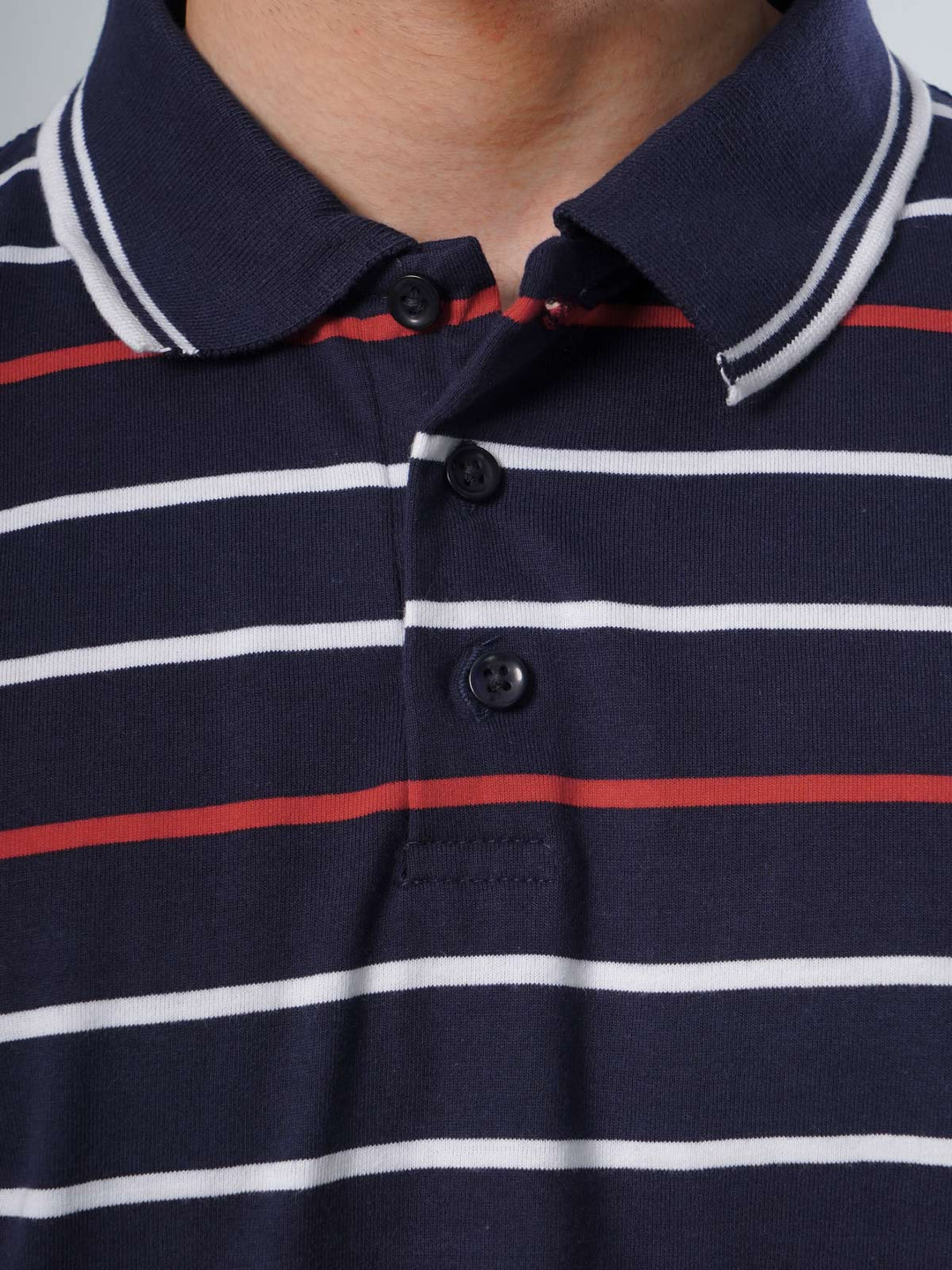 Navy Blue Contrast Tipping Collar Multi Color Half Sleeves Striped Polo T-Shirt (POLO-513)