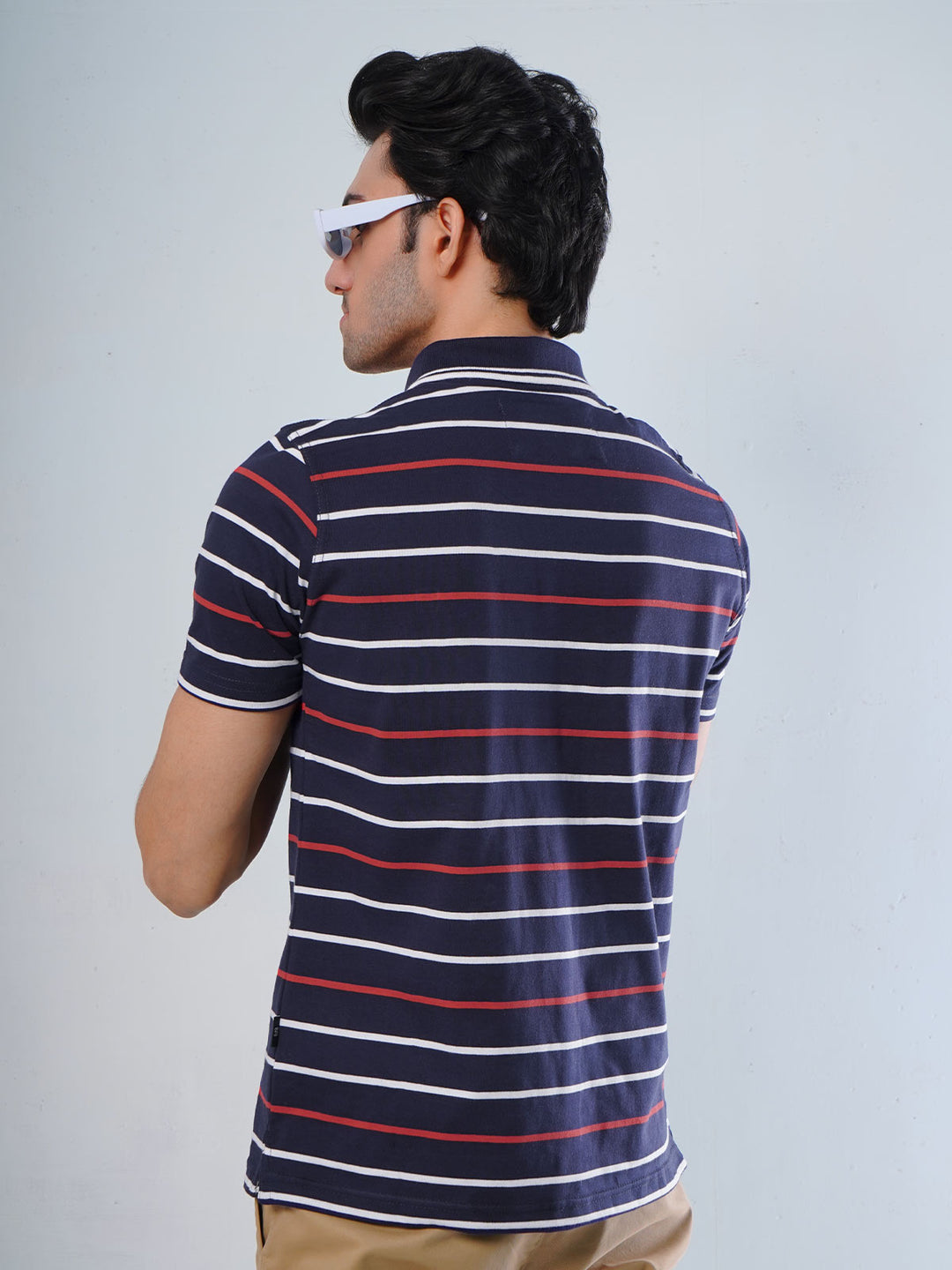 Navy Blue Contrast Tipping Collar Multi Color Half Sleeves Striped Polo T-Shirt (POLO-513)