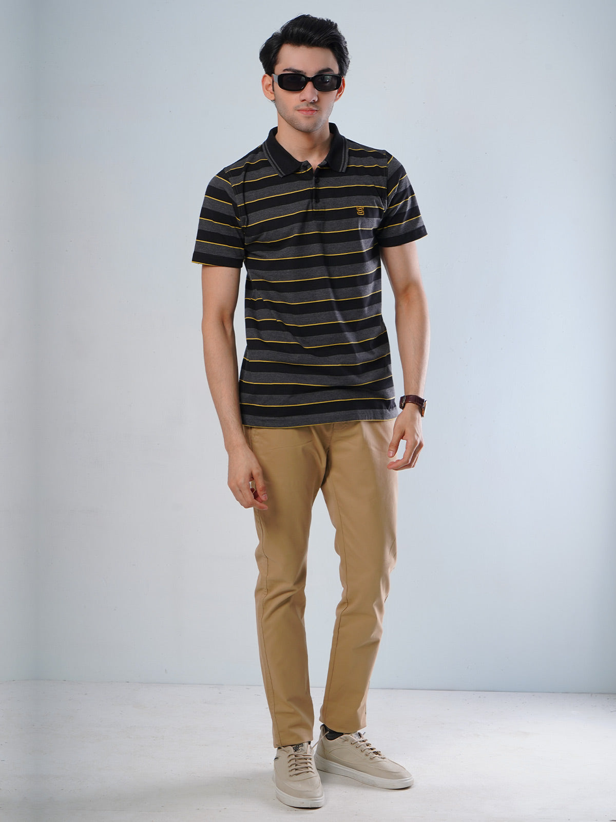 Charcoal Grey Contrast Tipping Collar Multi Color Half Sleeves Striped Polo T-Shirt (POLO-514)