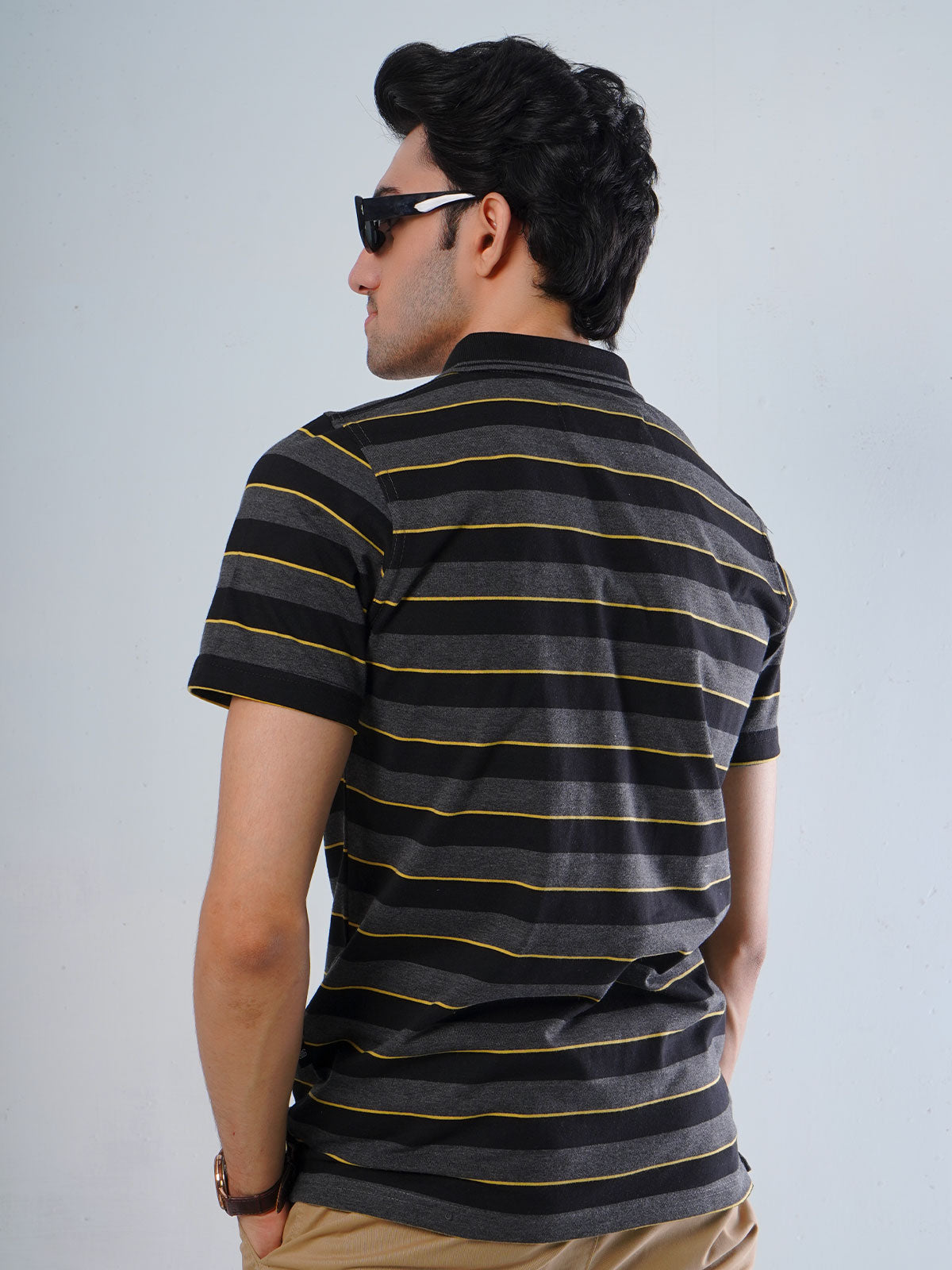 Charcoal Grey Contrast Tipping Collar Multi Color Half Sleeves Striped Polo T-Shirt (POLO-514)