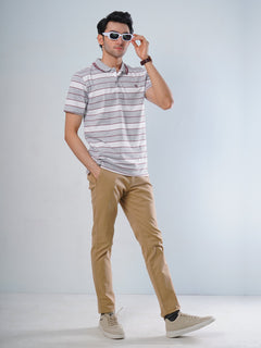 Light Grey Contrast Tipping Collar Multi Color Half Sleeves Striped Polo T-Shirt (POLO-515)