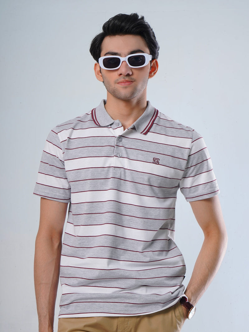 Light Grey Contrast Tipping Collar Multi Color Half Sleeves Striped Polo T-Shirt (POLO-515)